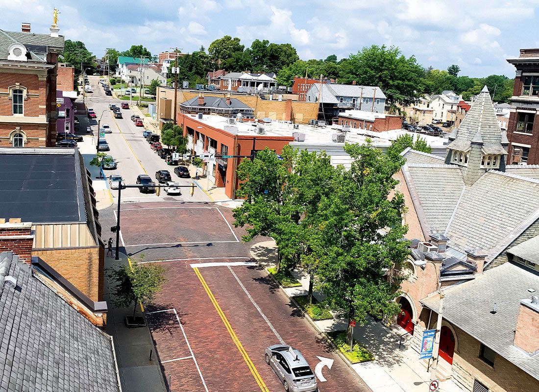 Athens, OH - Aerial View of Uptown Athens, Oh